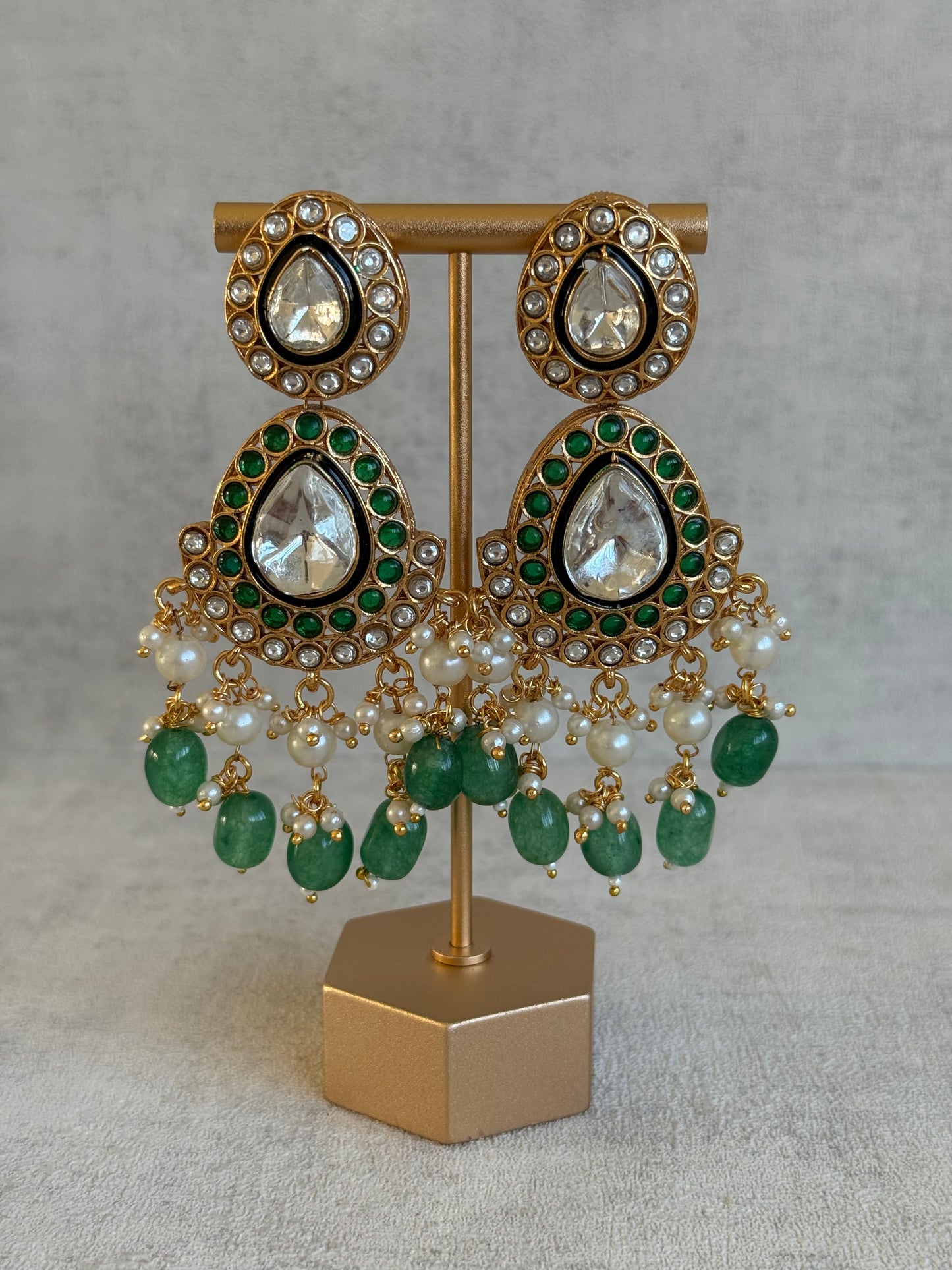 Ayura Designs Ishyat Set with Necklace, Earrings & Tikka – Kundan Detailing, Emerald Green Bead Drops