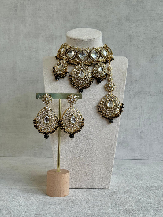 Ayura Designs Kirpa Choker Set with Earrings & Tikka – Mirror-Cut Stones & Black Beads