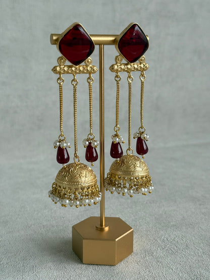 Ayura Designs Mahwina Jhumkis – Ruby Red Stones with Chain Drops & Pearl Detailing