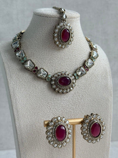 Ayura Designs Inza Necklace Set – Rani Pink & Mint Green Stones, Kundan & Crystals with Antique Gold Finish