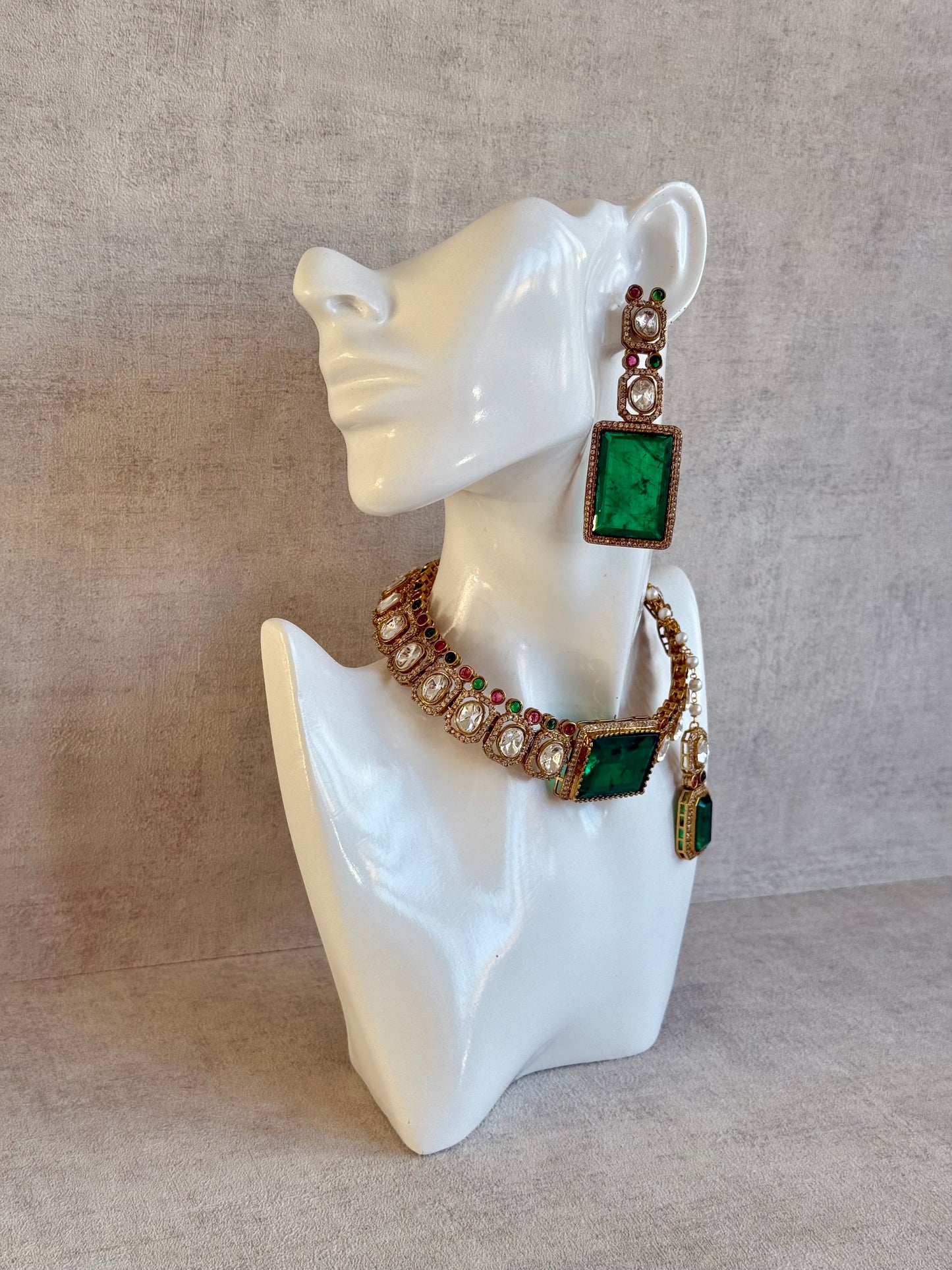 Ayura Designs Clara Set with Earrings & Tikka Emerald Green Moissanite Stones and Antique Gold Finish