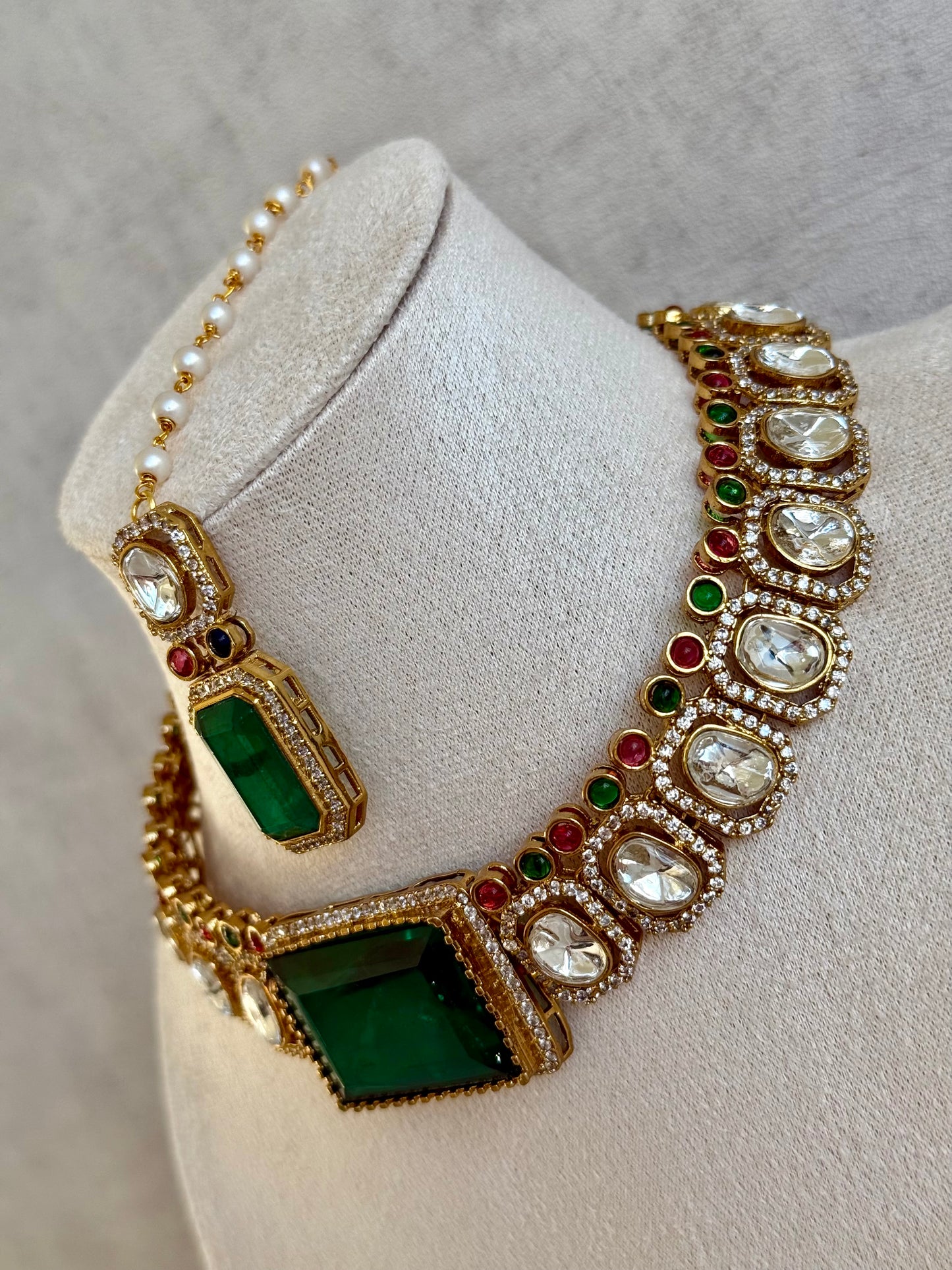 Ayura Designs Clara Set with Earrings & Tikka Emerald Green Moissanite Stones and Antique Gold Finish