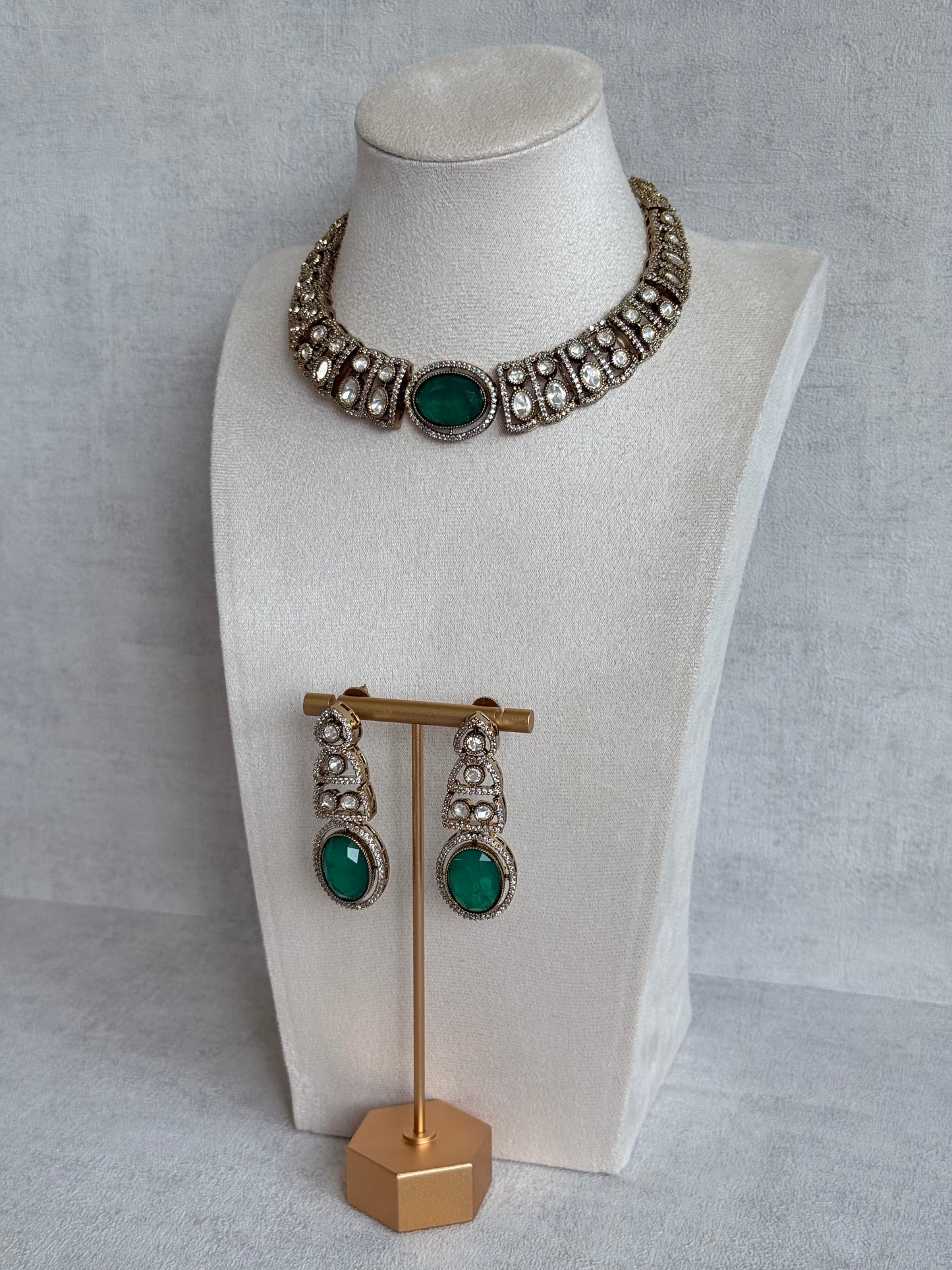 Ayura Designs Sadie Necklace Set with Earrings – Emerald Green Centre Stone, Moissanite Style Stones & Crystal Halo Detailing