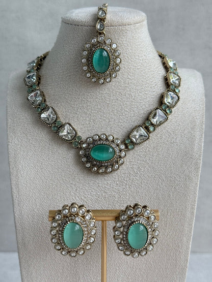 Ayura Designs Inza Necklace Set – Aqua Green Stones, Kundan & Crystals with Antique Gold Finish