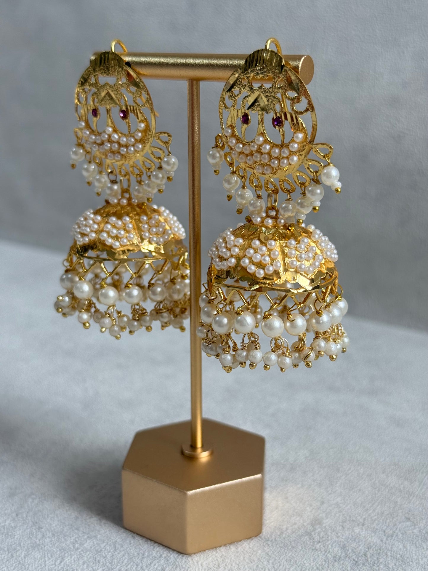 Ayura Designs Pannu Jhumkis – Pippal Patti Gold Jhumkis with Pearl Detailing