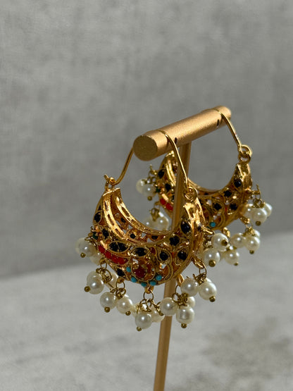 Ayura Designs Rasam Balis – Antique Gold Hoops with Multicolour Stones & Pearl Clusters