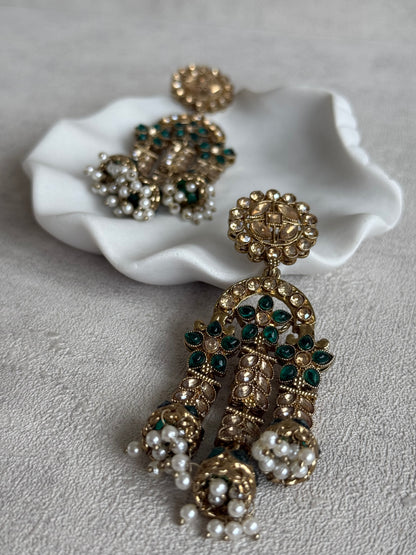 Ayura Designs Soraya Earrings – Emerald Green Stones, Champagne Crystals, Pearl Detailing & Gold Finish