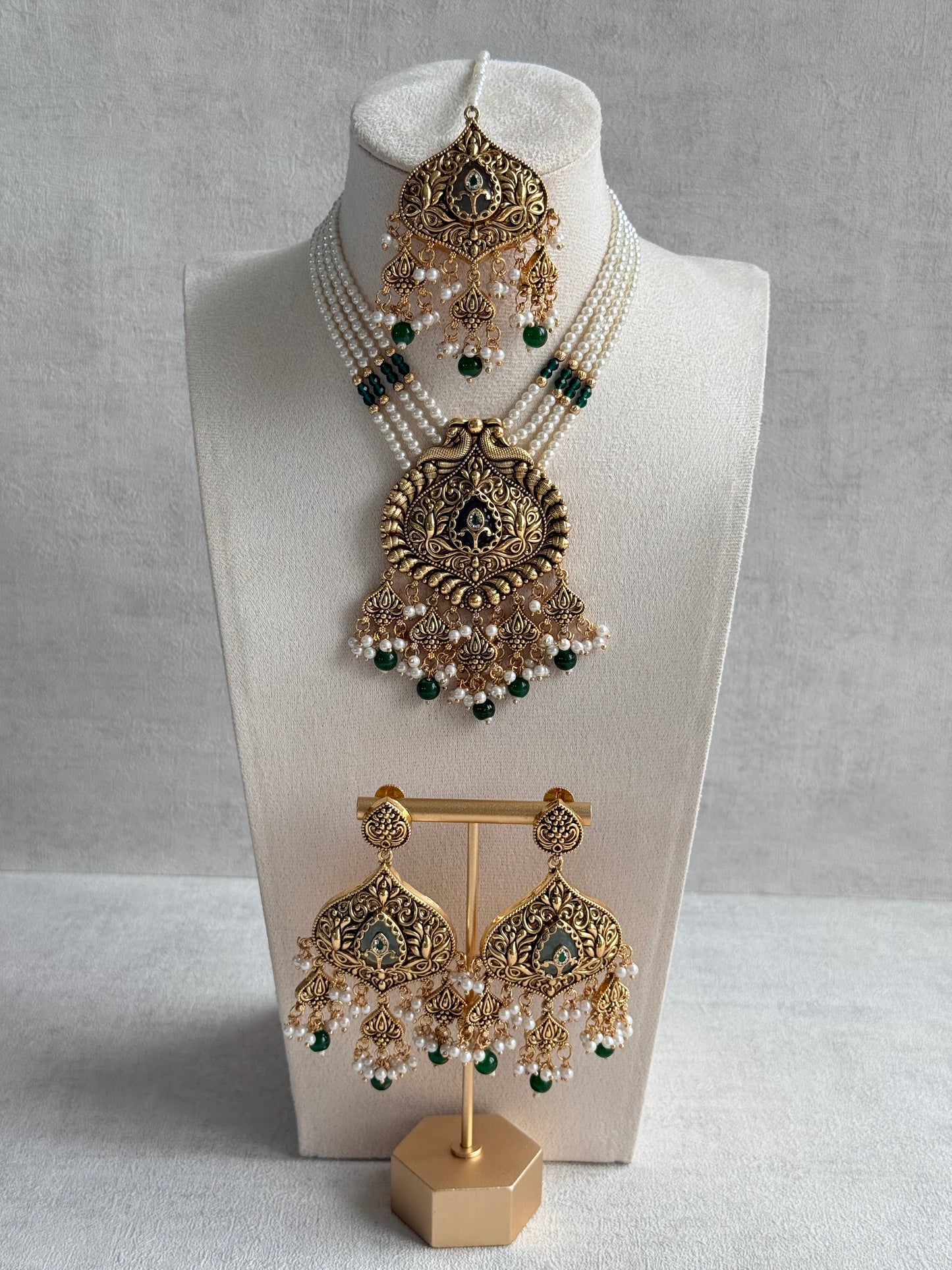 Ayura Designs Afia Necklace Set with Earrings & Tikka – Antique Gold, Emerald Green Beads, Green Centre Stone & Peacock Motifs