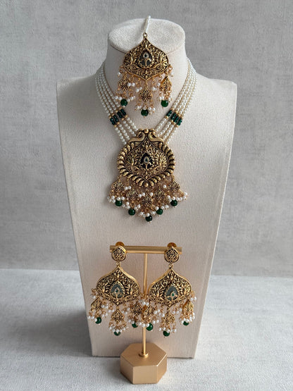 Ayura Designs Afia Necklace Set with Earrings & Tikka – Antique Gold, Emerald Green Beads, Green Centre Stone & Peacock Motifs