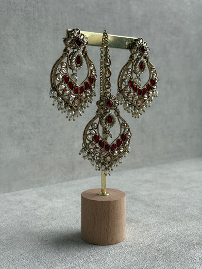 Ayura Designs Damini Tikka Set – Mirror-Cut Kundan Earrings & Tikka with Ruby Red Enamel and Pearl Detailing