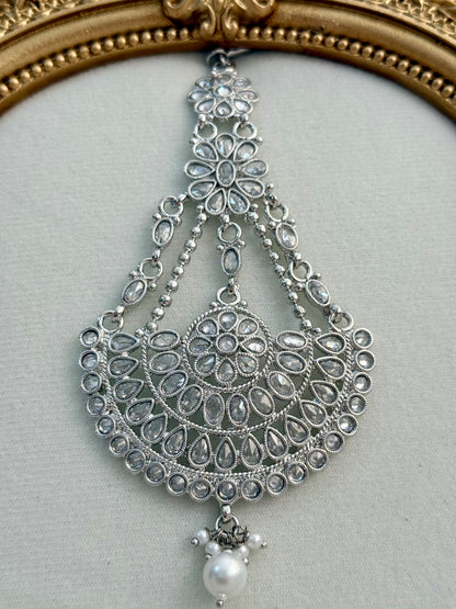Ayura Designs Zeha Jhoomar Passa – Silver Finish with Mirror Cut Stones & Pearl Drop