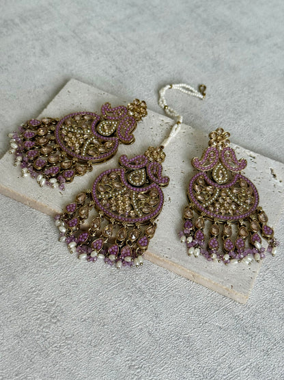 Ayura Designs Anvi Tikka Set with Earrings – Lilac with Champagne Stones & Pearl Drops