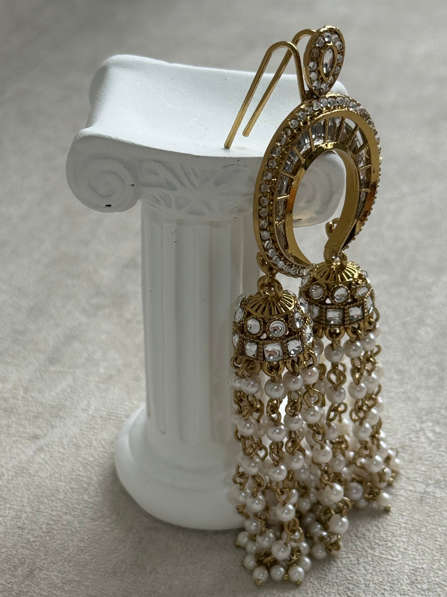 Ayura Designs Chand Hair Brooch – Crescent Polki Design with Pearl Tassels & Antique Gold Finish