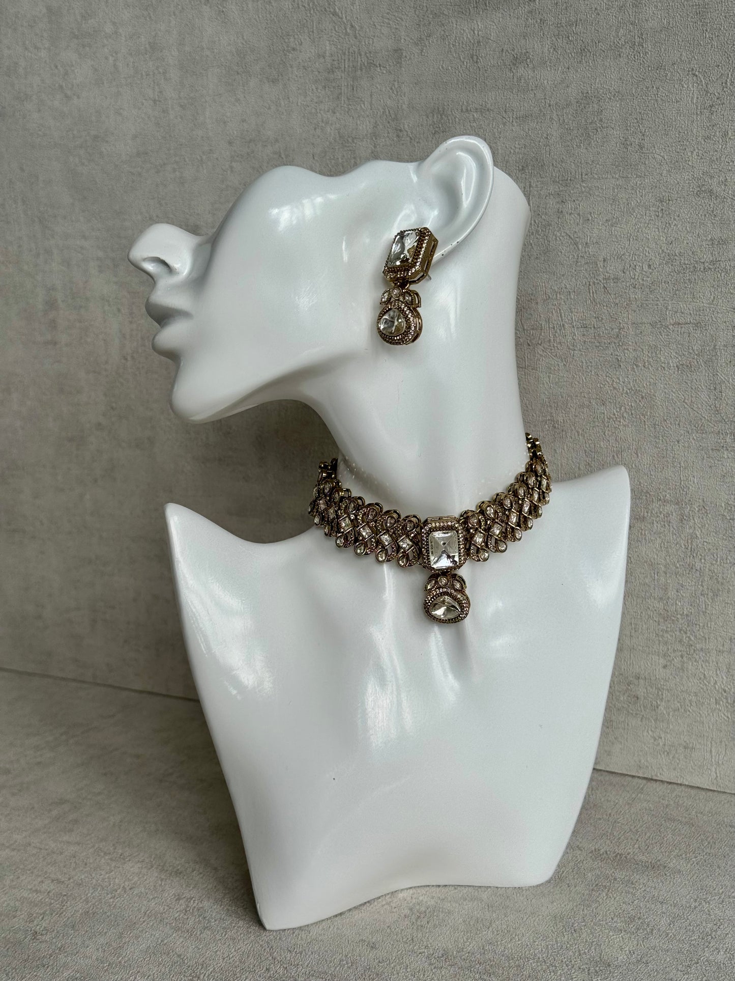 Ayura Designs Ella Choker Set with Tikka & Earrings – Antique Gold with Mirror-Cut Stones