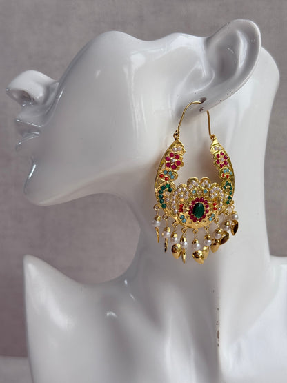 Ayura Designs Nimrat Balis – Emerald Green & Multicolour Stones, Ivory Pearl Beads & Pippal Patti, Gold Finish