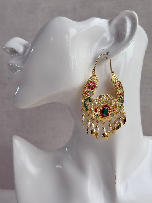 Ayura Designs Nimrat Balis – Emerald Green & Multicolour Stones, Ivory Pearl Beads & Pippal Patti, Gold Finish