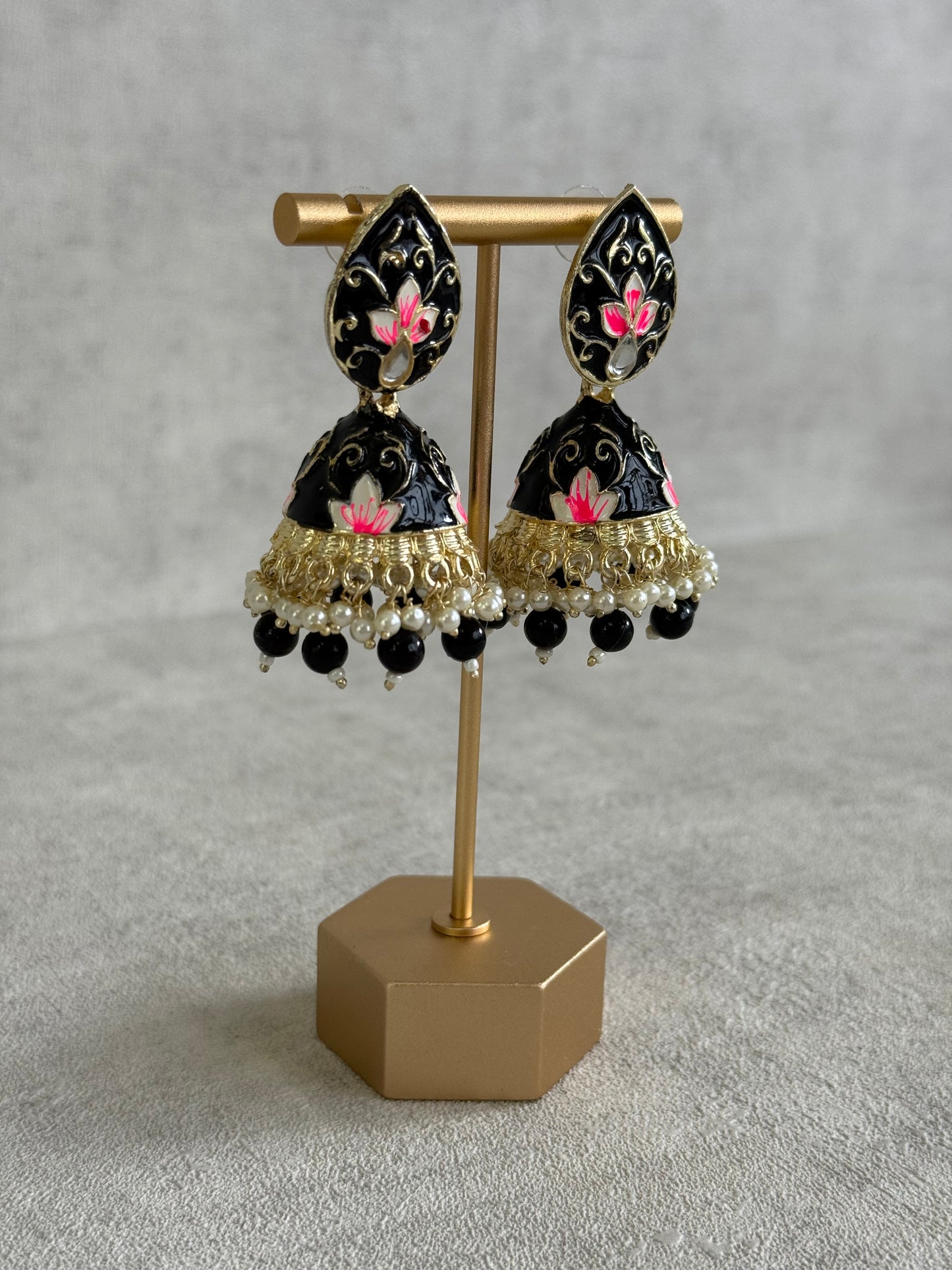 Ayura Designs Gia Jhumkis – Midnight Black Meenakari with Pink Lotus Motifs & Ivory Pearl Drops