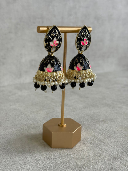 Ayura Designs Gia Jhumkis – Midnight Black Meenakari with Pink Lotus Motifs & Ivory Pearl Drops