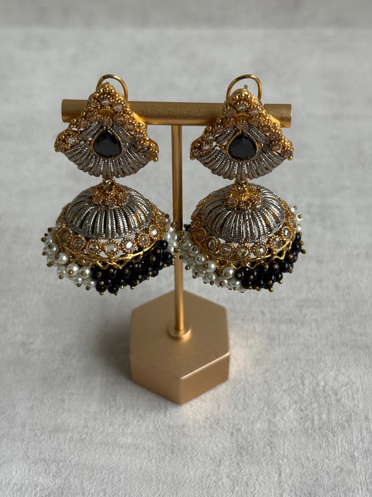 Ayura Designs Nasha Jhumkis – Silver & Gold Dual-Tone Earrings with Black & Pearl Beads
