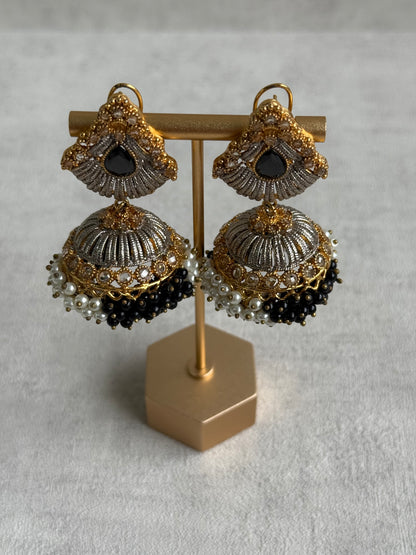 Ayura Designs Nasha Jhumkis – Silver & Gold Dual-Tone Earrings with Black & Pearl Beads
