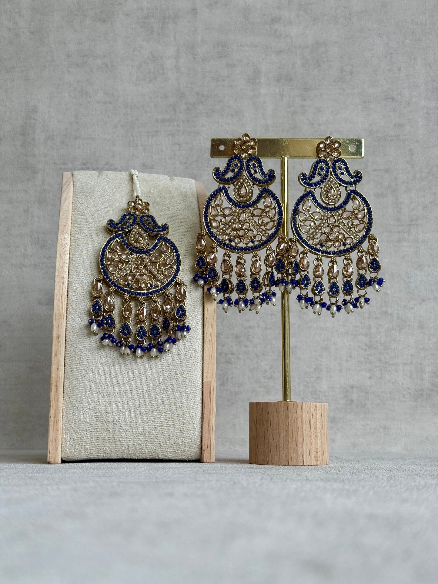 Ayura Designs Anvi Tikka Set with Earrings – Ink Blue with Champagne Stones & Pearl Drops