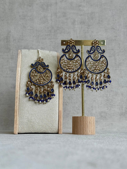Ayura Designs Anvi Tikka Set with Earrings – Ink Blue with Champagne Stones & Pearl Drops