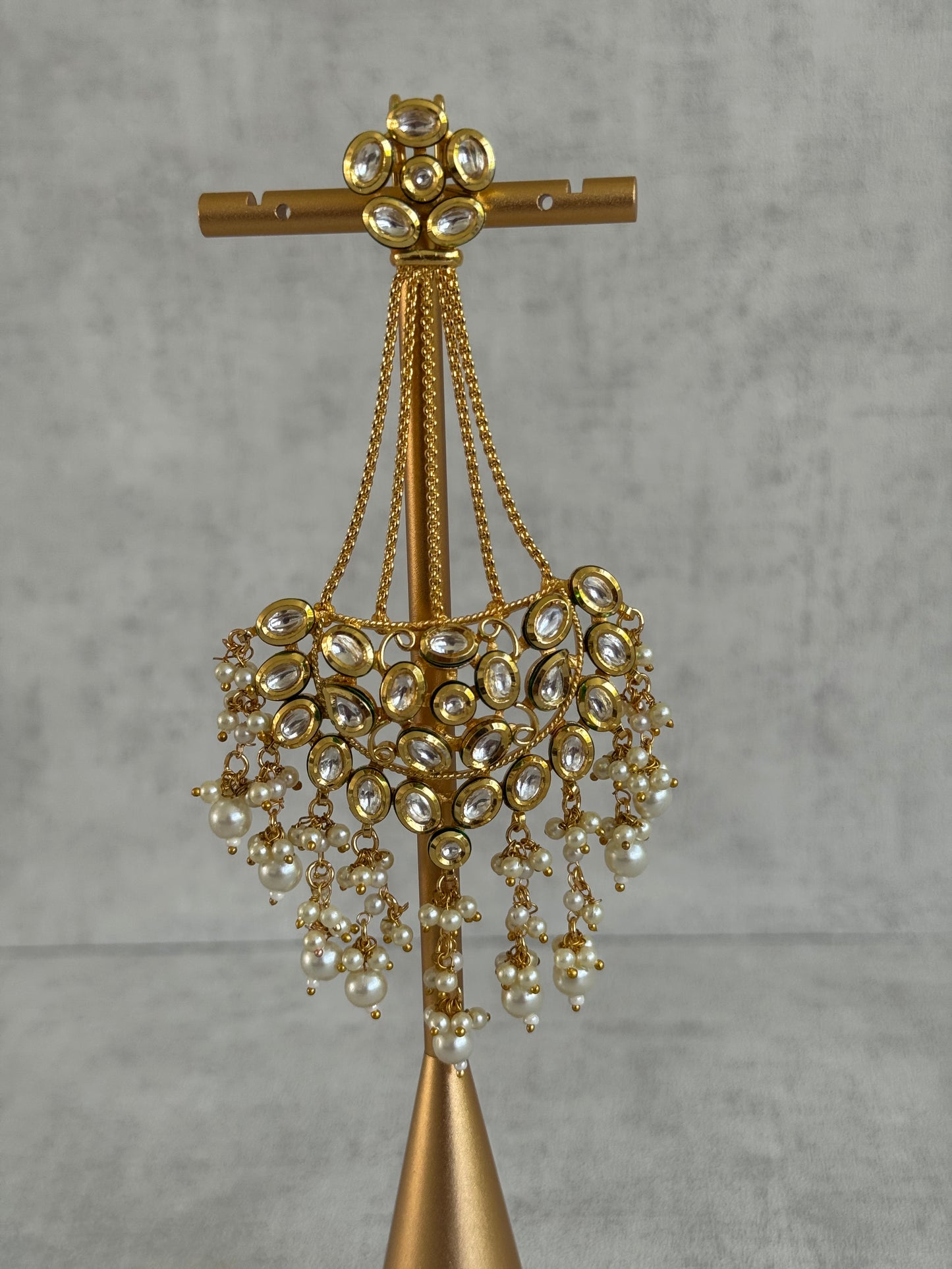 Ayura Designs Sophia Passa Jhoomar – Antique Gold with Kundan Stones & Pearl Clusters