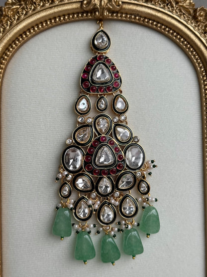 Ayura Designs Salma Jhoomar Passa – Jade Green Drops with Kundan Stones & Antique Gold Finish