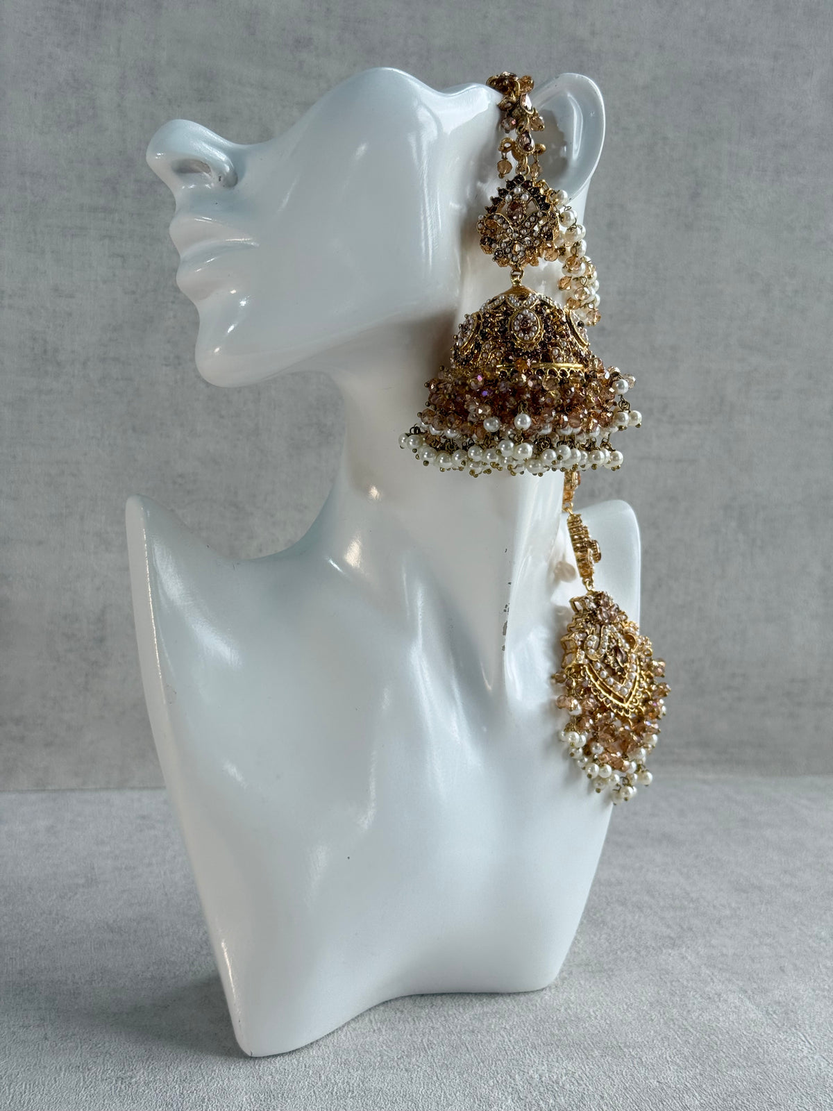 Ayura Designs Safia Tikka Set with Sahare Earrings – Champagne Gold Beads & Pearls