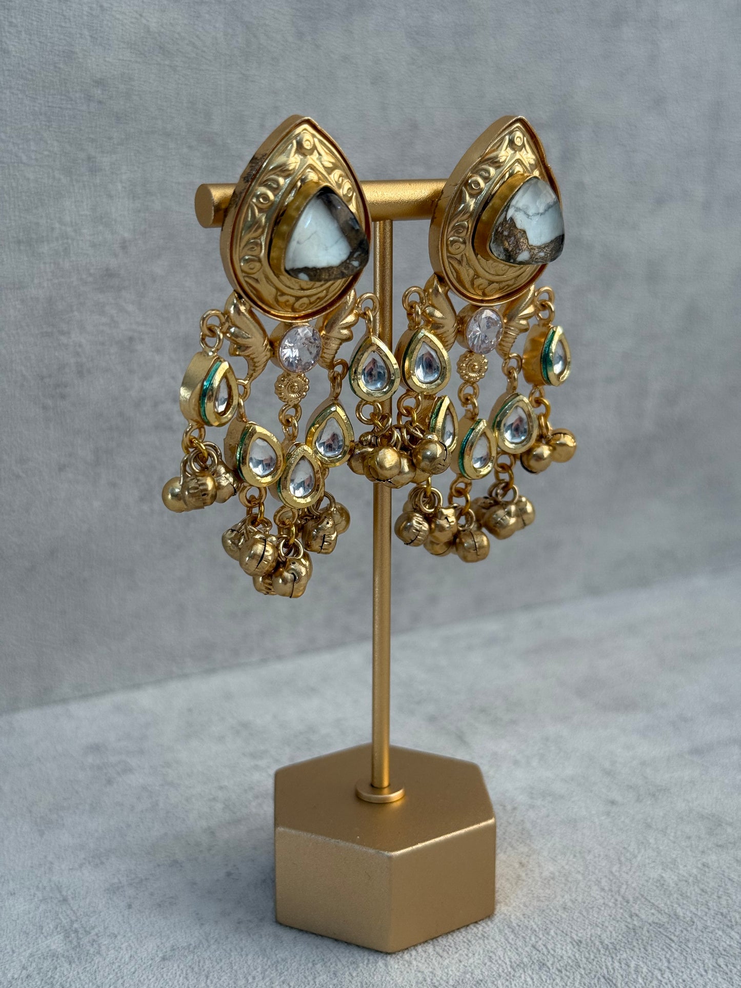 Ayura Designs Arheer Earrings – White & Bronze Marble with Kundan Detailing & Antique Gold Ghungroos