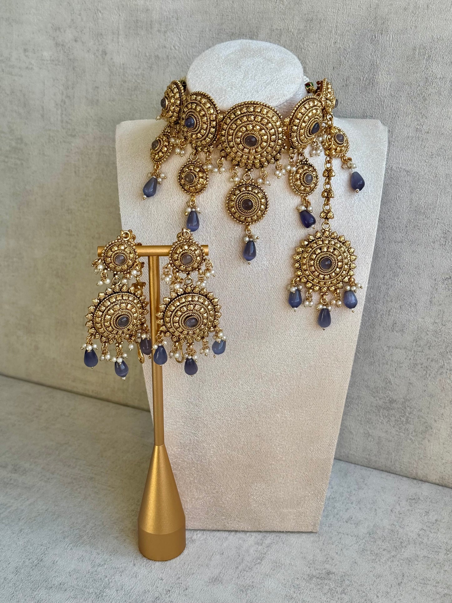 Ayura Designs Noor Set – Gold Choker, Earrings & Tikka with Grey Stone Accents