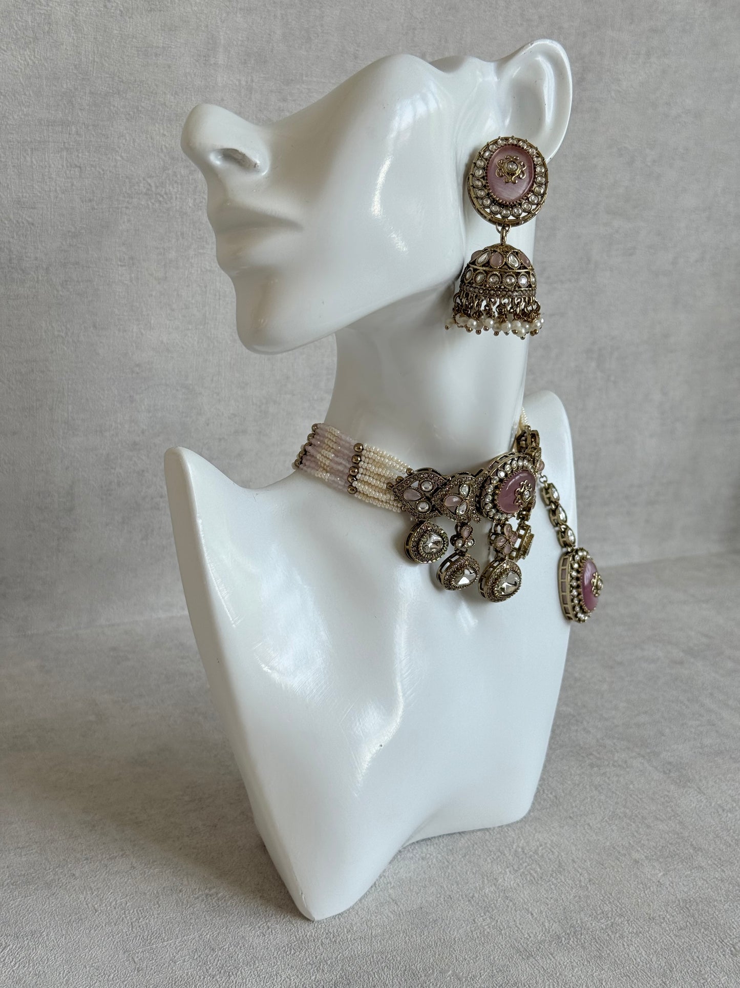 Ayura Designs Myra Choker Set with Earrings & Tikka – Blush Pink Kundan & Pearl Detailing