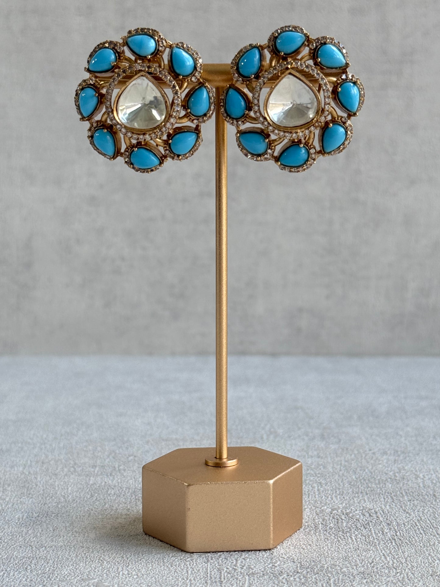 Ayura Designs Giana Stud Earrings – Turquoise Blue & Crystal Kundan with Gold Finish