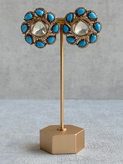 Ayura Designs Giana Stud Earrings – Turquoise Blue & Crystal Kundan with Gold Finish