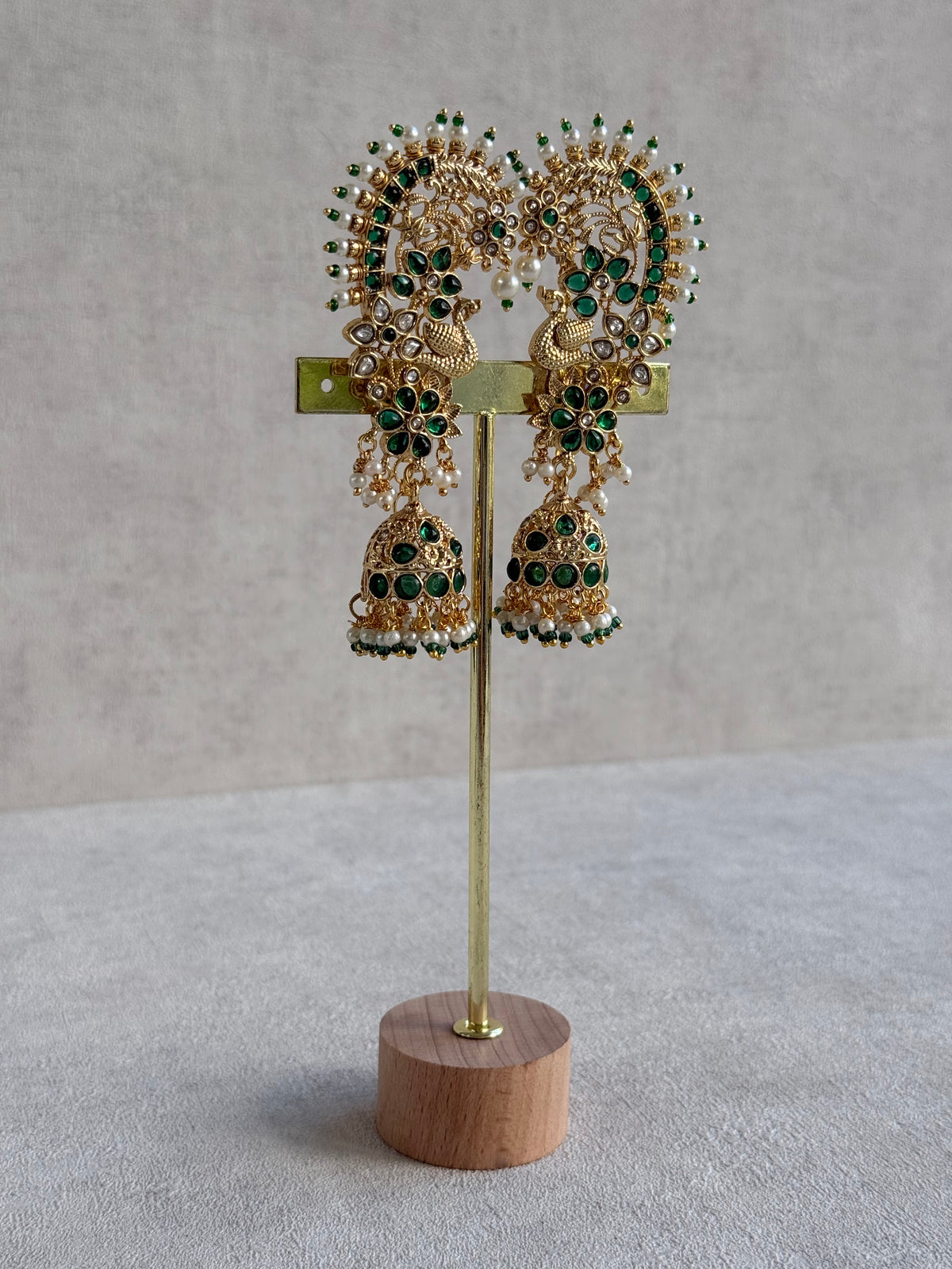 Ayura Designs Nitya Kaanphool Jhumkis – Gold Peacock Motifs, Emerald Green Kundan & Pearl Drops with Attached Sahare