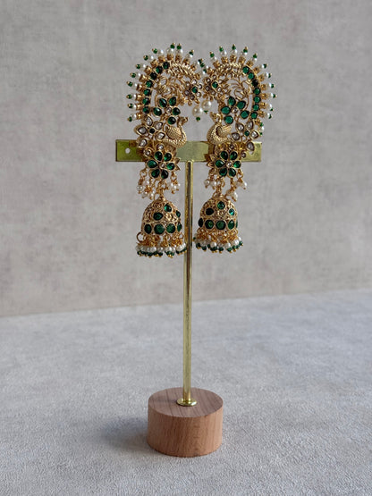 Ayura Designs Nitya Kaanphool Jhumkis – Gold Peacock Motifs, Emerald Green Kundan & Pearl Drops with Attached Sahare