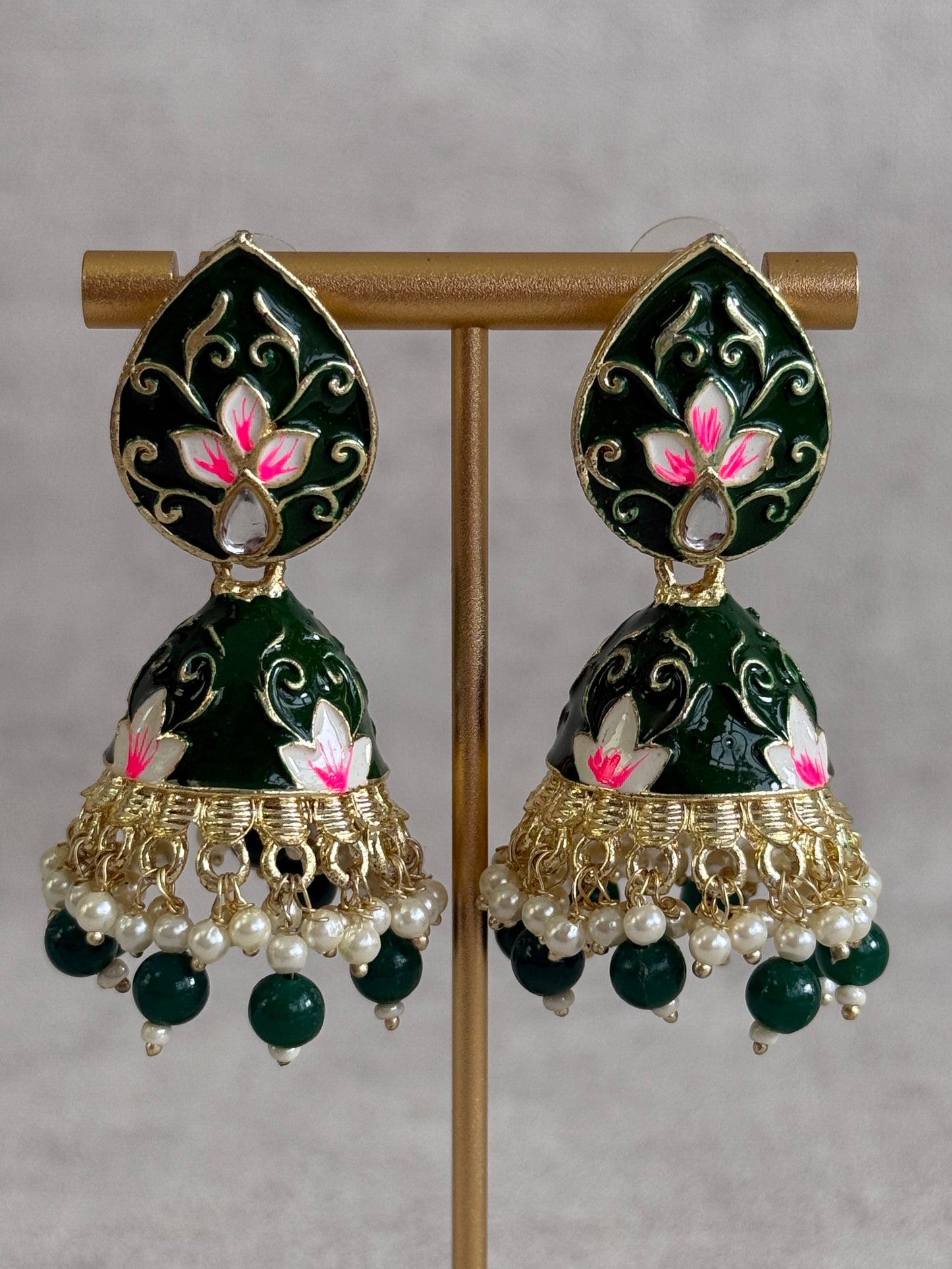 Ayura Designs Gia Jhumkis – Emerald Green Meenakari with Pink Lotus Motifs & Ivory Pearl Drops