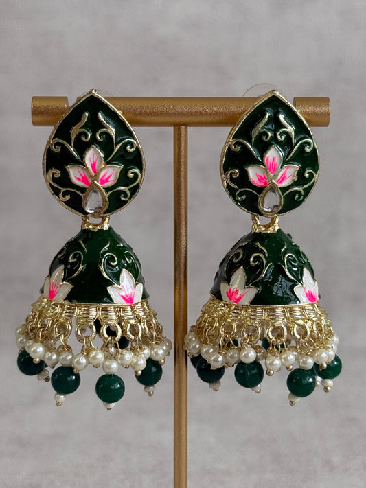 Ayura Designs Gia Jhumkis – Emerald Green Meenakari with Pink Lotus Motifs & Ivory Pearl Drops