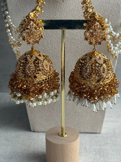 Ayura Designs Safia Tikka Set with Sahare Earrings – Champagne Gold Beads & Pearls