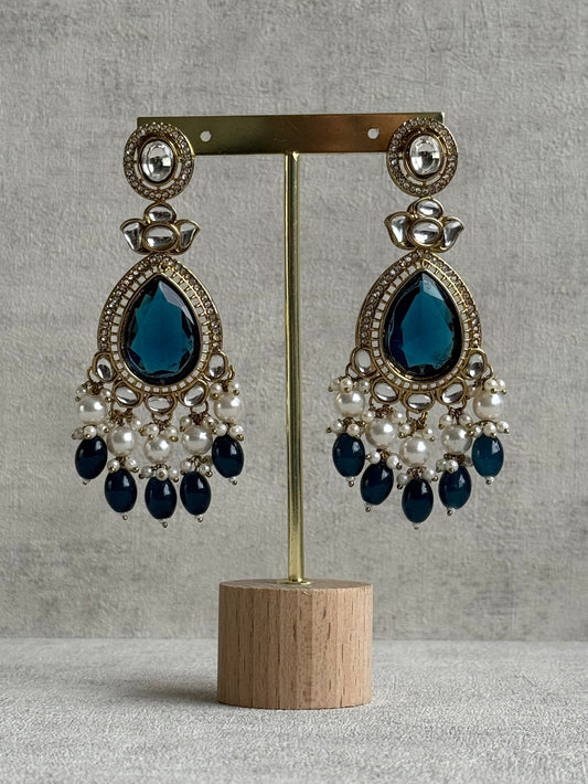 Ayura Designs Nageen Earrings – Antique Gold Jhumkis with Ink Blue Stones, Mirror-Cut Detailing & Pearl Drops