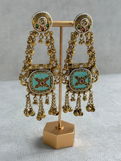 Ayura Designs Hazar Earrings – Gold Peacock Design with Mint Green Enamel, Multicoloured Stones, Pearl Beading & Ghungroo Detailing