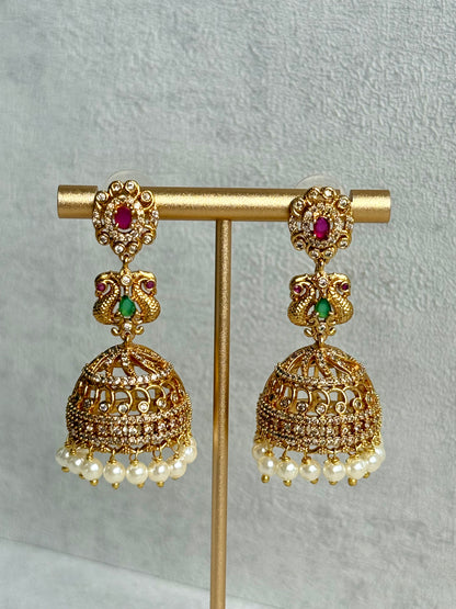 Ayura Designs Darya Jhumkis – Gold Peacock Motif Jhumkis with Ruby Pink, Emerald Green and Pearl Detailing