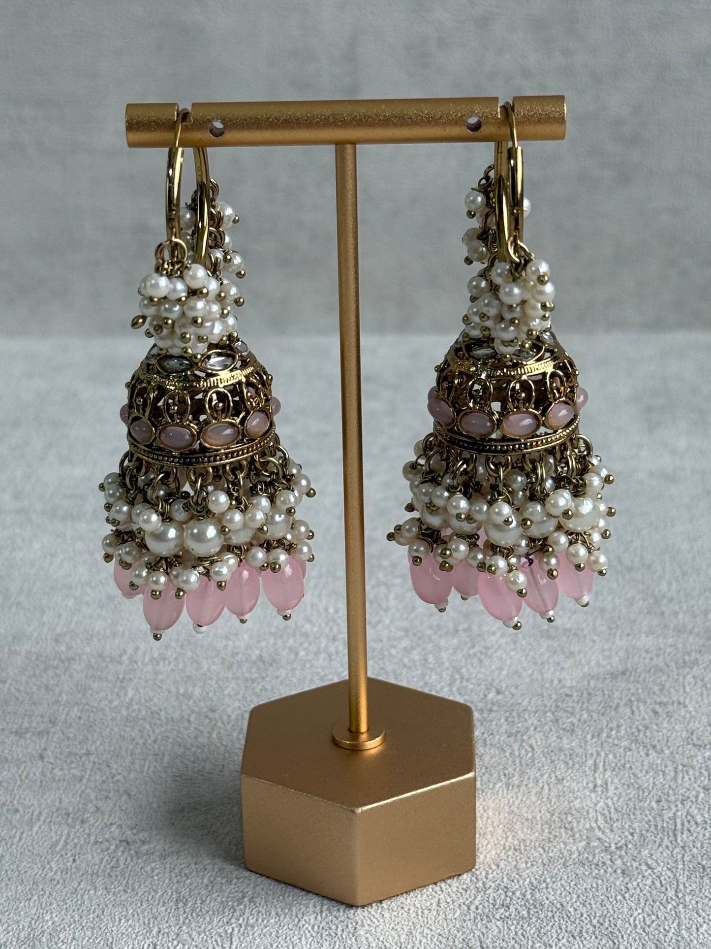 Ayura Designs Jugni Jhumkis – Antique Gold Balis with Blush Pink Beads & Pearl Clusters