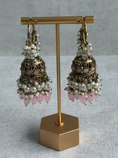 Ayura Designs Jugni Jhumkis – Antique Gold Balis with Blush Pink Beads & Pearl Clusters