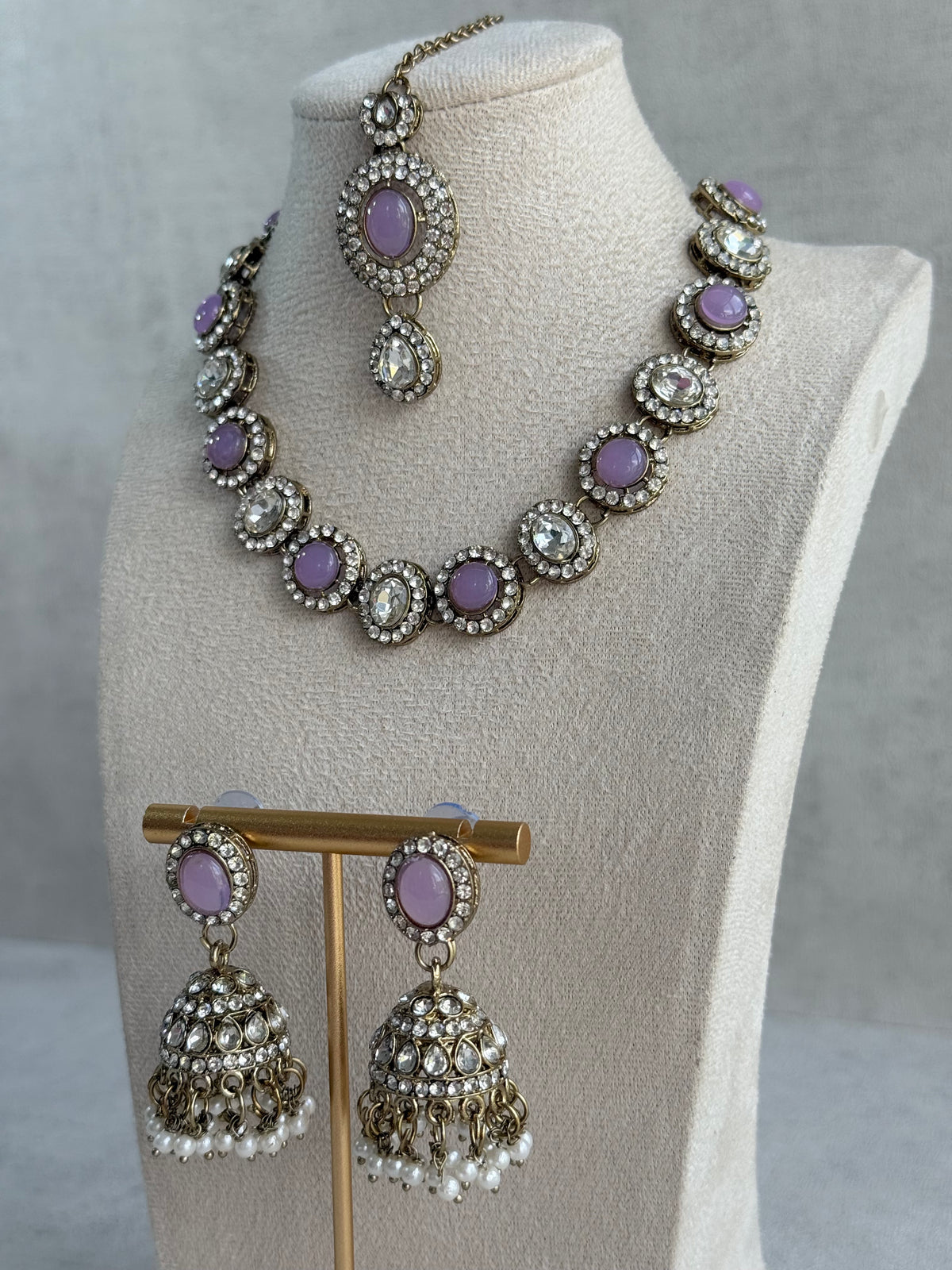 Ayura Designs Eira Necklace Set with Earrings & Tikka – Lilac & Crystal Stones with Antique Gold Finish