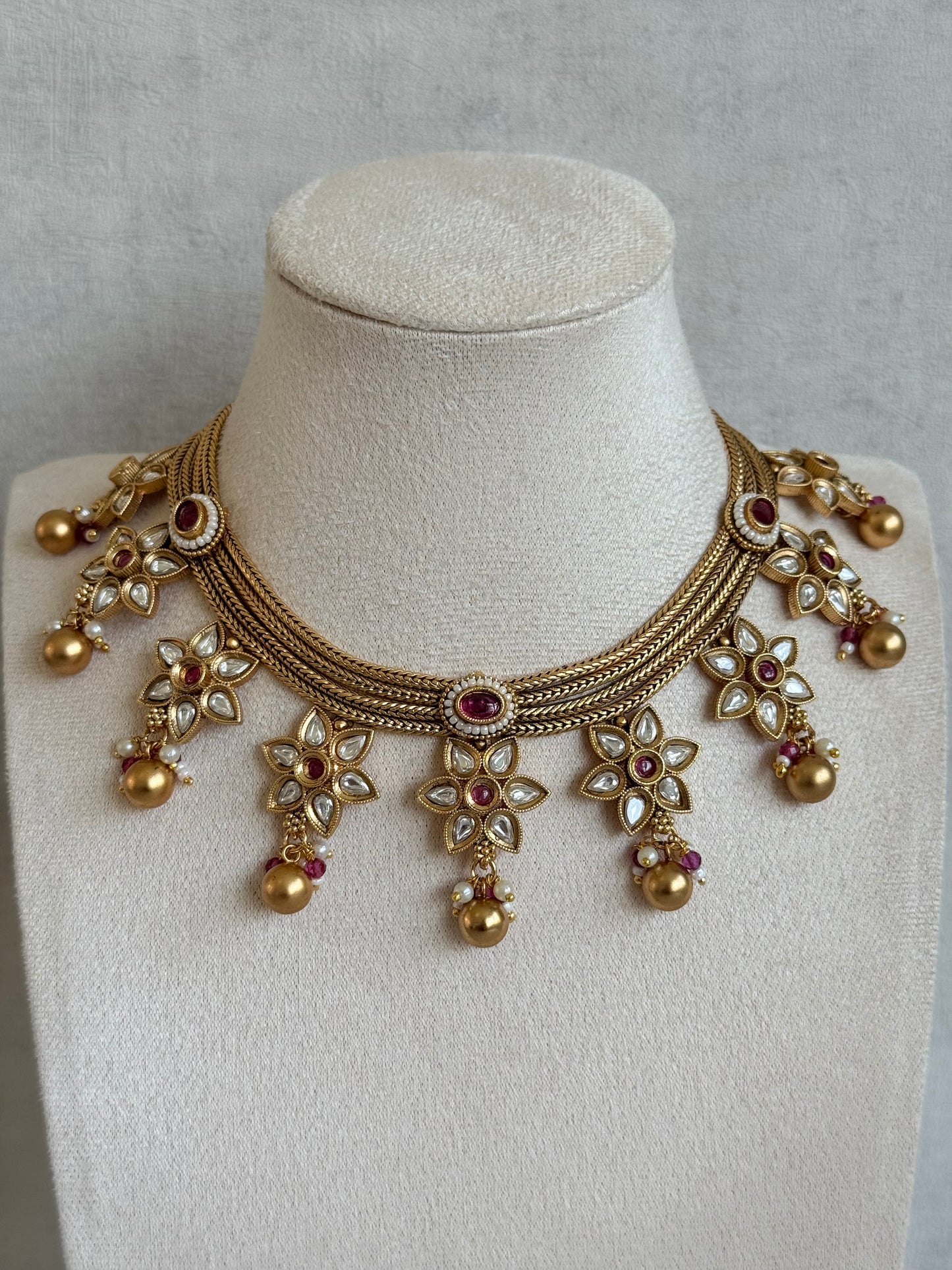 Ayura Designs Daksha Necklace Set with Earrings – Gold Layered Chain Necklace with Ruby Pink Kundan Floral Motifs