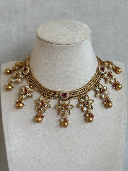 Ayura Designs Daksha Necklace Set with Earrings – Gold Layered Chain Necklace with Ruby Pink Kundan Floral Motifs