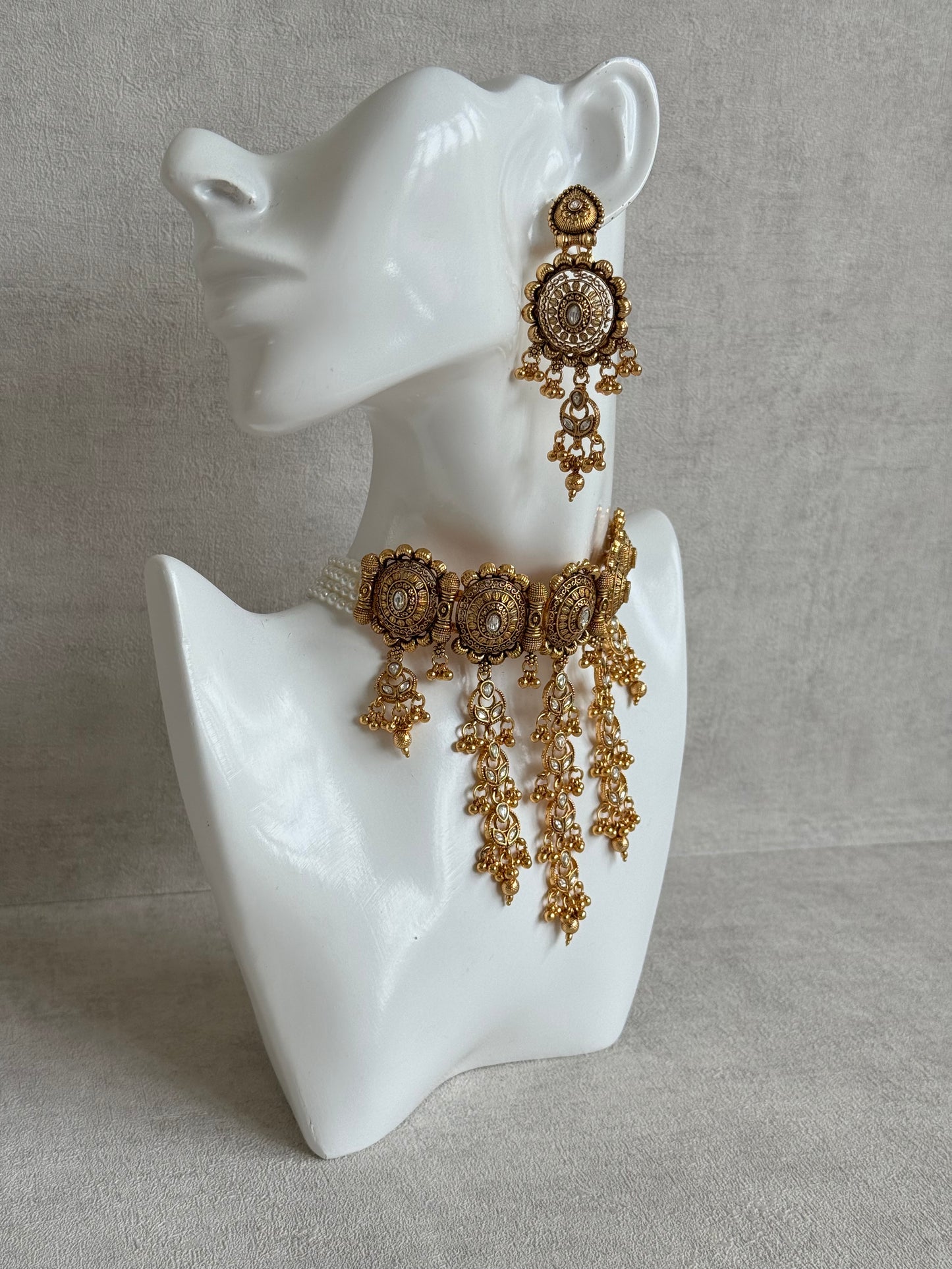 Ayura Designs Kabini Choker Set with Earrings – Gold Kundan Waterfall Choker with Ivory Pearls