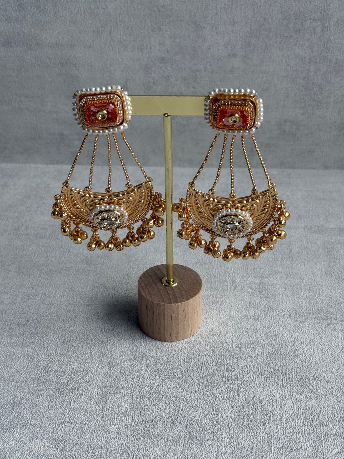Ayura Designs Jheel Earrings – Amber Half-Moon Drops with Pearl Edging & Golden Ghungroos
