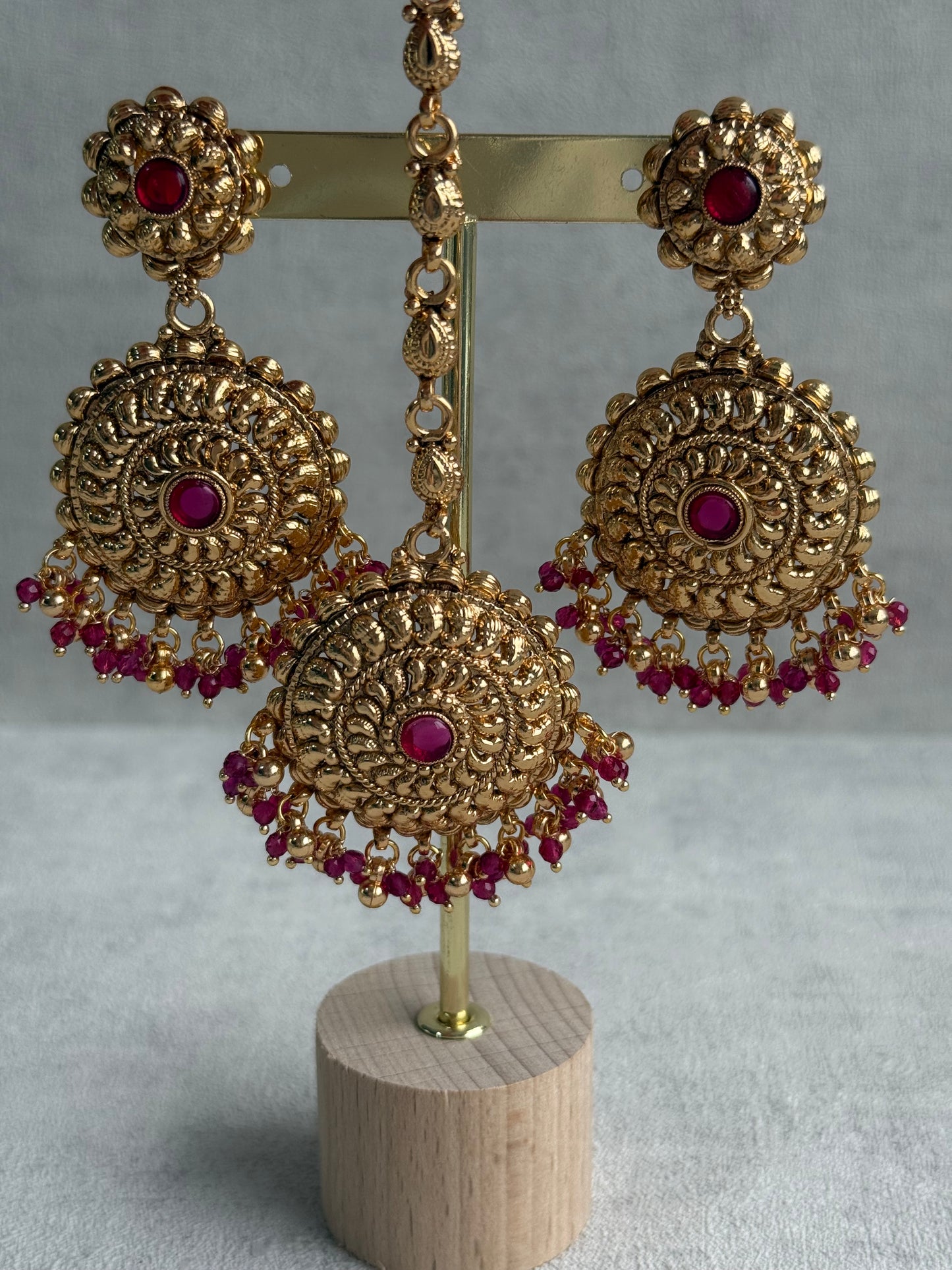 Ayura Designs Rummy Set – Statement Necklace, Earrings & Tikka with Rani Pink Beads and Polished Gold Finish